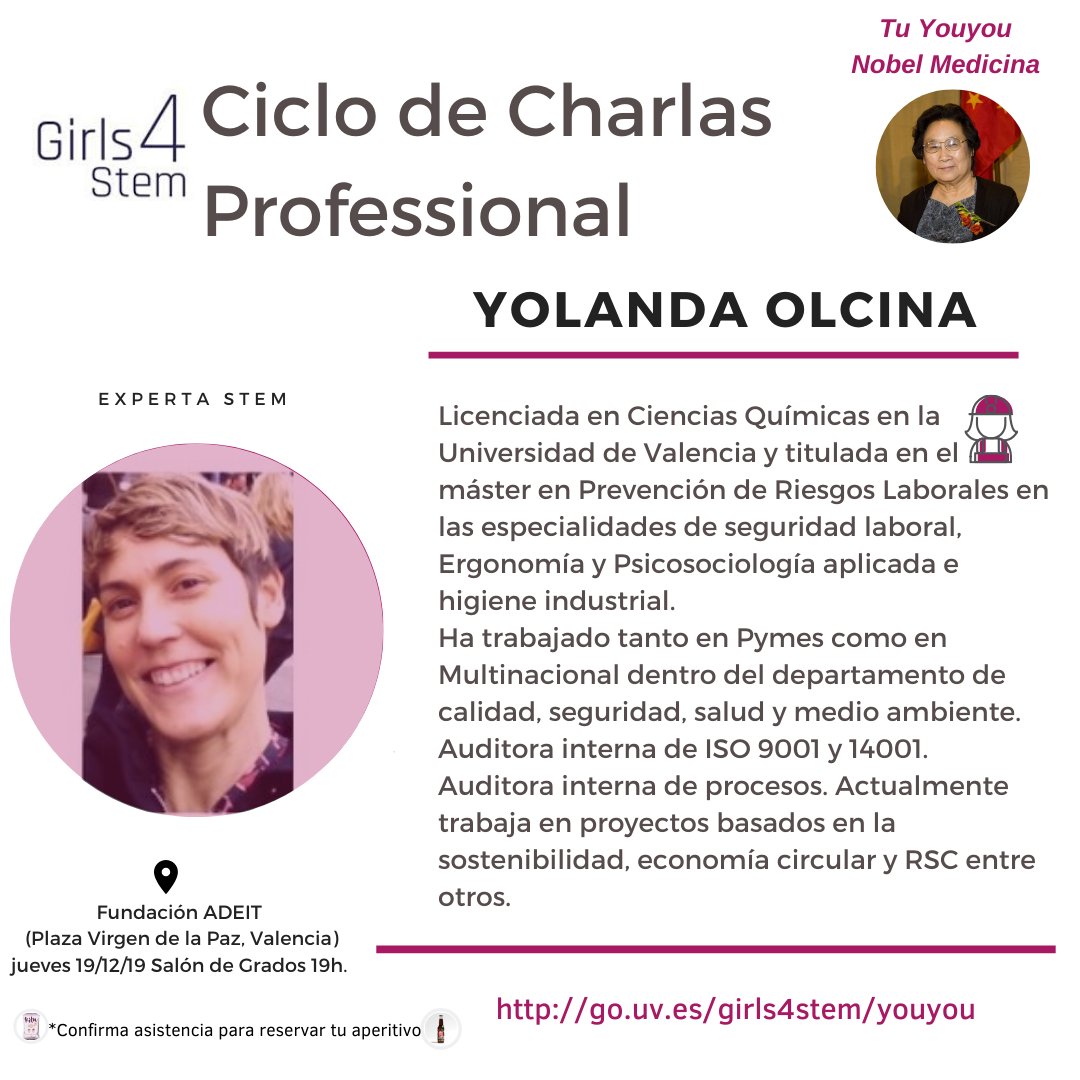 Girls4STEMVLC's tweet photo. ⚛️ La #química y experta en #PrevencionRiesgosLaborales Yolanda Olcina será otra de nuestras speakers el 🗓️ Jueves 19dic
➡️ Es #EHSManager en @Univar @UnivarSolutions y trabaja en ámbitos #sostenibilidad #economiacircular y #RSC
🙌 encantad@s de tenerla como #ExpertaSTEM! https://t.co/pzDgJke3qv