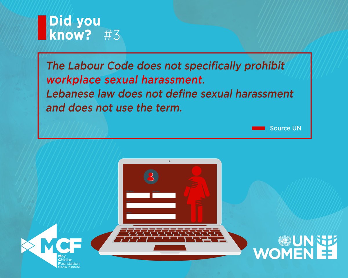 MCFMI's tweet photo. Did you know that Lebanon still doesn't have laws protecting people from sexual harassment in the workplace? Source: Lebanon country assessment-Gender Justice & the Law study 2018 (UN Women, UNDP, UNFPA & ESCWA) #ProtectionIsYourRight #العنف_مرفوض_الحماية_حقِك #جيل_المساواة https://t.co/lQyyYLsRHc