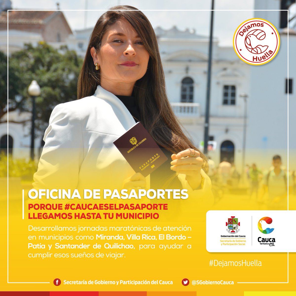 Porque #CaucaEsElPasaporte llegamos hasta tu municipio.
Desarrollamos jornadas maratónicas de atención en municipios como Miranda, Villa Rica, El Bordo – Patía y Santander de Quilichao, para ayudar a cumplir esos sueños de viajar.