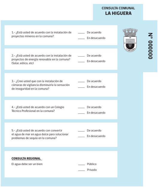 A días de la #ConsultaCiudadana en #LaHiguera, es hora de dar cuenta de las preguntas que estarán insertas en un tercer voto confeccionado para saber la opinión de nuestros vecinos y vecinas sobre algunas importantes temáticas locales y regionales #LaHigueraDecide 🗳