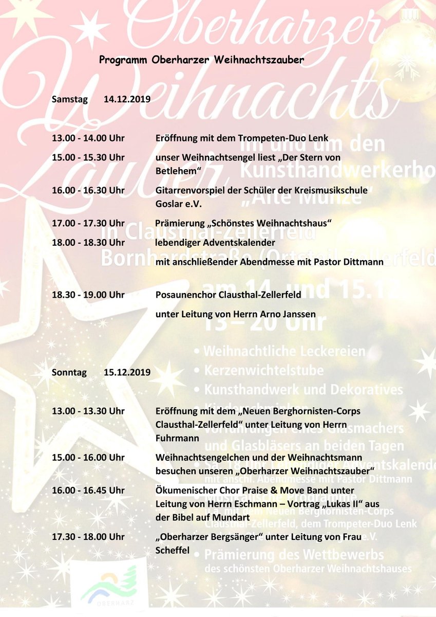 Oberharz's tweet photo. Nun ist es bald soweit! Unser "Oberharzer Weihnachtszauber" startet am Samstag. Das Wetter ist derzeit perfekt und soll sich auch so weiterhin halten! Wir freuen uns sehr auf gemütliche Stunden mit Euch und dass wir ein so schönes Programm gemeinsam gestalten konnten! https://t.co/tSuEpP6uUZ
