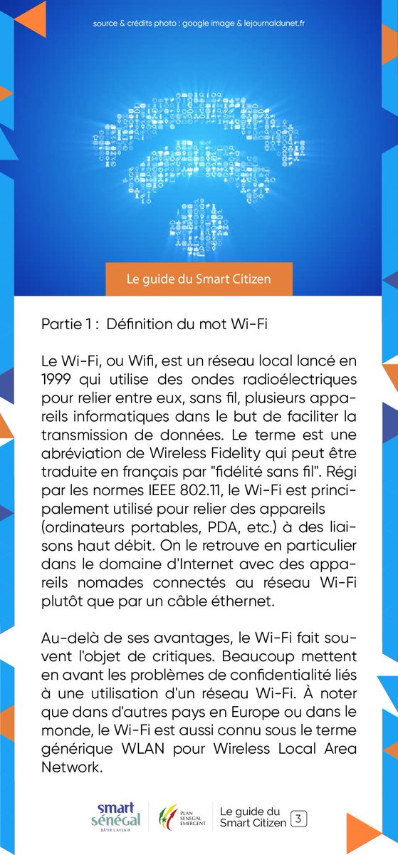 SmartSenegal's tweet photo. Bienvenue dans le troisième chapitre de votre Guide du Smart Citizen, qui porte sur la technologie Wi-Fi ! En première partie, nous allons définir cet outil et aborder ces origines.
 Chapitre 3: Comment fonctionne le Wi-Fi ? 🌐📶

source: https://t.co/D2oWLp28cr
#CableSousMarin https://t.co/FlSOYqUJoH