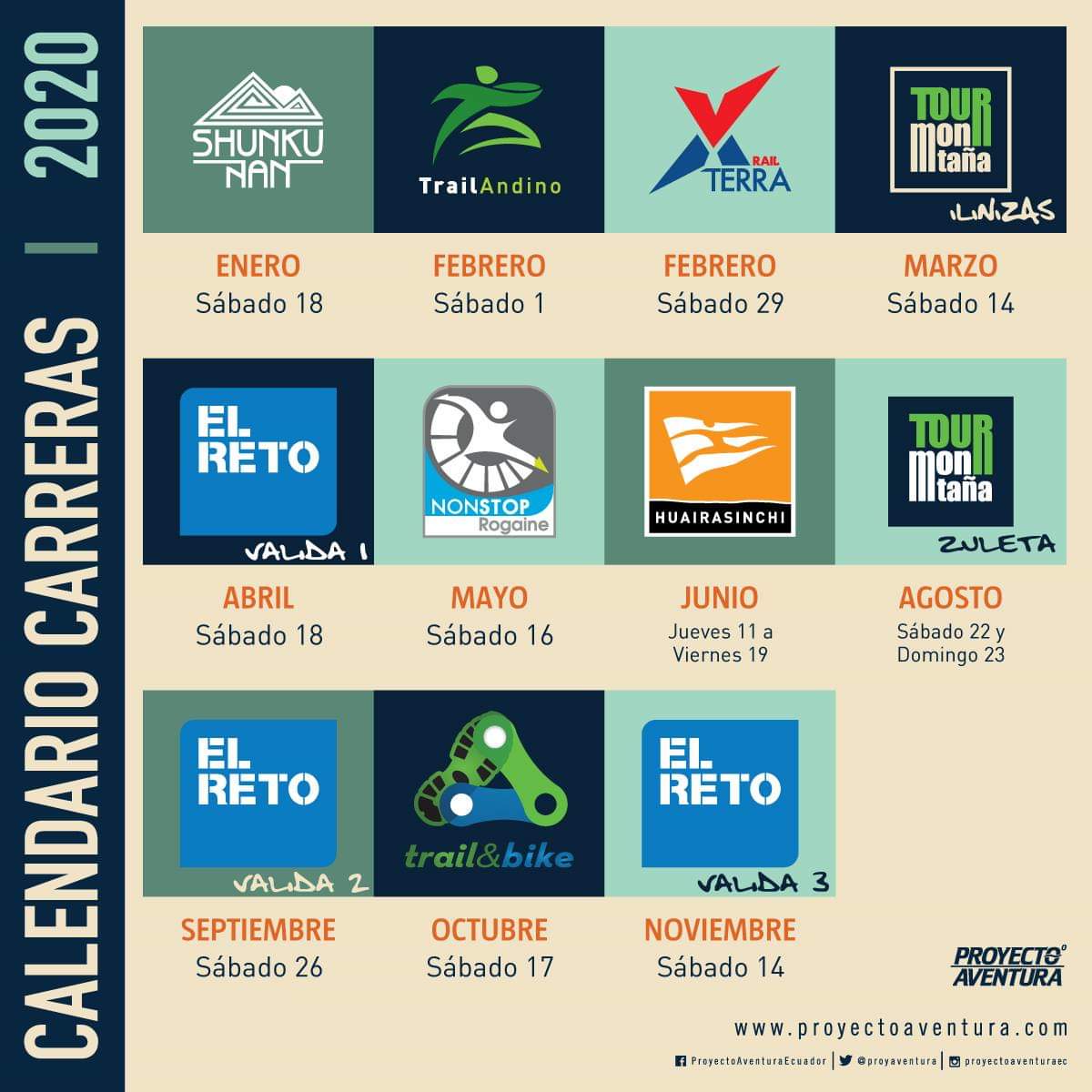 ¿Preparados para toda la #Aventura que te traemos en el 2020? 😀✊

Inscripciones Abiertas: 
➡ Shunkuñan a favor de Fundación Arthur: bit.ly/34R4rDo
➡ <a href="/Huairasinchi/">Huairasinchi</a> Movistar: bit.ly/2OTGZAj 

Apertura de Inscripciones ➡ Movistar Trail Andino: 13 de diciembre.