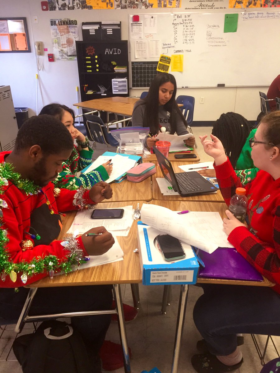 SeviBall's tweet photo. @LennardHigh @HCPS_AVID Final exam study groups in full swing...with a little Holiday cheer of course π #uglysweaterday #happyholidays #peeracademicsupport https://t.co/rzNnBx91vX