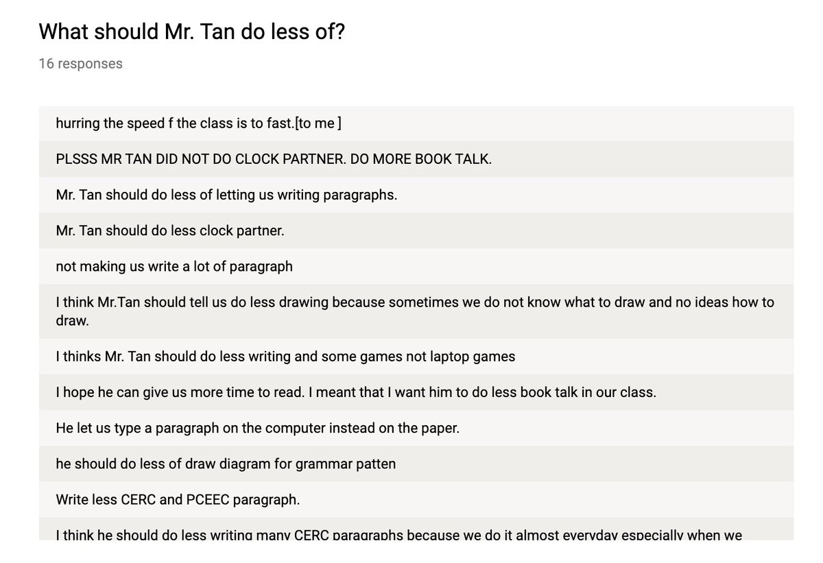 TanKHuynh's tweet photo. Things my students want me to do less of. 

Please consider conducting anonymous surveys from students to get their feedback!

#esl #eal #ell #eld #esol #tesol #ellchat https://t.co/j4mKWNG0gH