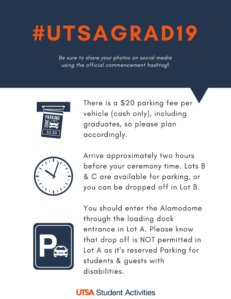 UTSAGetInvolved's tweet photo. Hey #utsagrads here are some more useful tips to know before commencement! 🎓 #3MoreDays! 🎊#UTSAGrad19 https://t.co/iGeXZ8Qli0