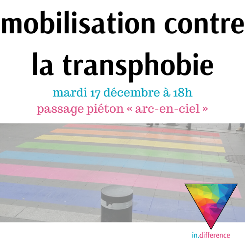 Suite à l'agression transphobe qui à eu lieu à #Bordeaux le week-end dernier, in.difference soutient les associations et la personne agressée, d'organiser un rassemblement.

✊ Rendez-vous mardi 17 décembre à 18h, cours du chapeau rouge au niveau du passage piéton arc-en-ciel !🏳️‍⚧️