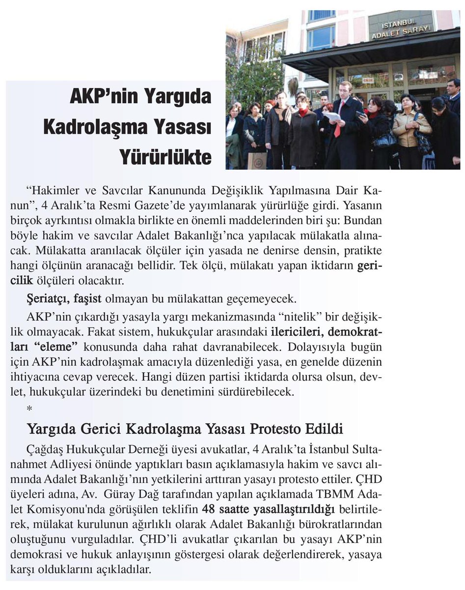 ArsivC's tweet photo. AKP’nin Yargıda Kadrolaşma Yasası Yürürlükte

Hakim ve savcılar Adalet Bakanlığı’nca yapılacak mülakatla alınacak. 

''Şeriatçı, faşist olmayan bu mülakattan geçemeyecek.''

Aralık 2007 - Yürüyüş https://t.co/MpKpaQaWWs