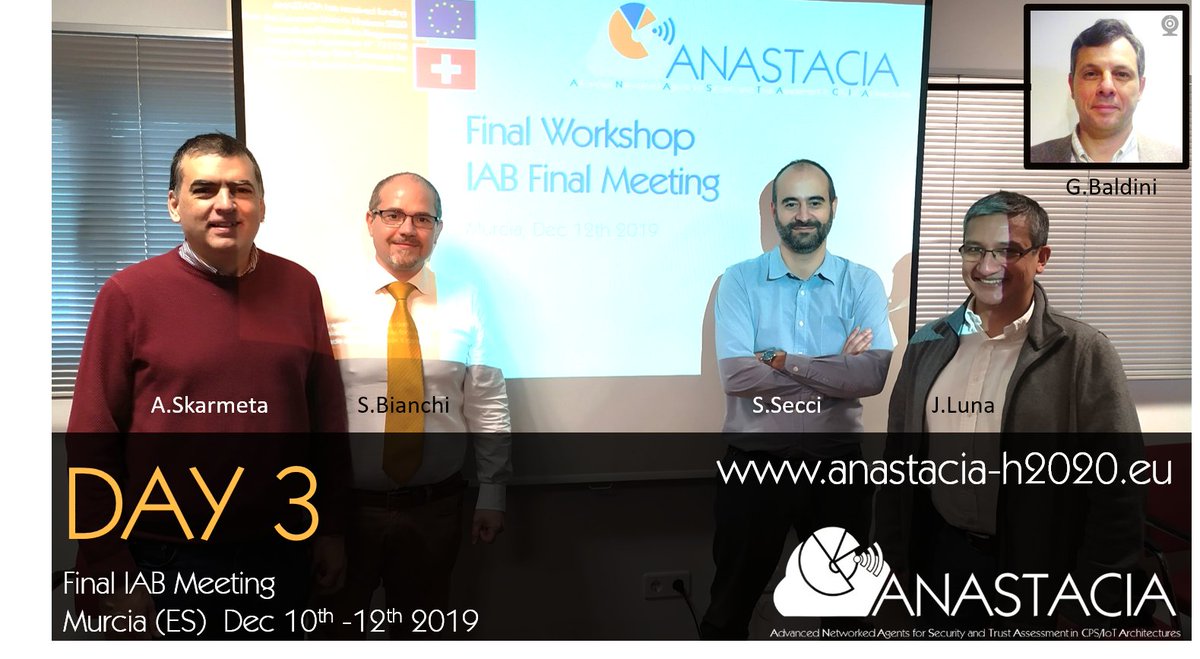 DAY 3 closed with a nice celebration photo of the project coordinators Prof. Skarmeta (<a href="/UMU/">Universidad Murcia</a>) and S.Bianchi (@SoftecoSismat) and the IAB members S.Secci, J.Luna and G.Baldini, after an interesting Innovation Advisory Board Final meeting. See you in Brussels, for the final review!