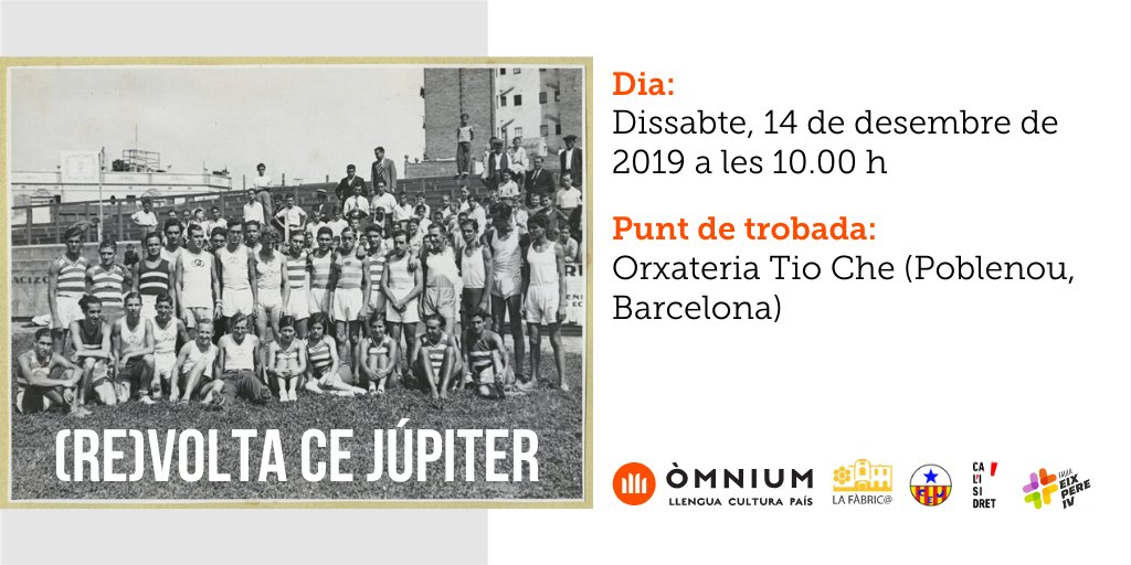omnium's tweet photo. Vine a conèixer la història del @CE_Jupiter i l'emplaçament dels seus diferents camps, que acompanyen la transformació dels barris del Poblenou, La Verneda, La Pau i Besòs Mar

🕙 10 h
📍 Orxateria Tio Che
👉🏻 Inscriu-te: https://t.co/xp7tNg9xNZ

#Revoltes https://t.co/DE44FH1Ro7