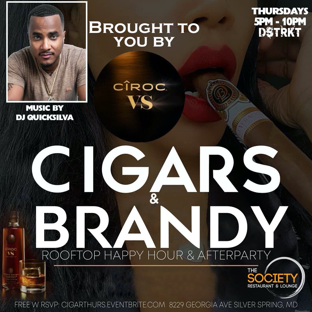 DJQUICKSILVA's tweet photo. Tonight itβs all about #Cigars & #Brandy at Society Lounge in SilverSpring,MD .Free happy hour 5-10p brought to you by #CirocVs .Come eat amazing Food,Drink,Smoke Cigars & Hookah all while watching the #Ravens game π #Ad @CIROCVS https://t.co/LaQBqobLgd