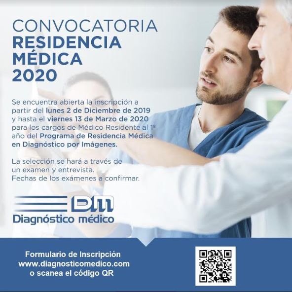 👨🏻‍⚕️CONVOCATORIA RESIDENCIA MÉDICA 2020👩🏻‍⚕️
Tenés tiempo hasta el 13/03 para inscribirte en nuestra Residencia en Diagnóstico por Imágenes. .
📌Fecha de los exámenes a confirmar.

Formulario de inscripción:
💻 diagnosticomedico.com
📲 Scanea código QR desde tu celular