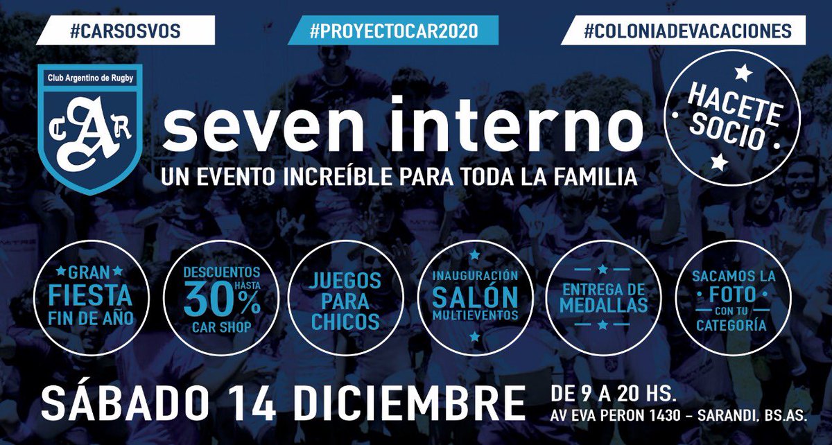 ArgentinoRugby's tweet photo. Los invitamos a todos a participar y acompañarnos en este SEVEN INTERNO para cerrar el año. 
Hoy es el último día de inscripciones para jugadores, en la secretaría del club. Los esperamos! 

#ELCARSOSVOS
#PROYECTOCAR2020 https://t.co/69F48gOW4I
