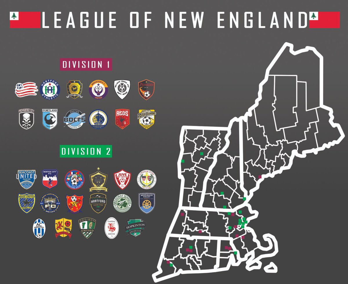 slim540's tweet photo. The League of New England. 29 Teams from MLS, USLC, UPSL,USL2, NPSL, BSSL, VASL, NHSL. Making this reminded me Elm City Express don't exist anymore :(. Next will be the Mid-Atlantic League ft. Maryland, Virginia, DC, and Delaware https://t.co/VJqHom8qFW