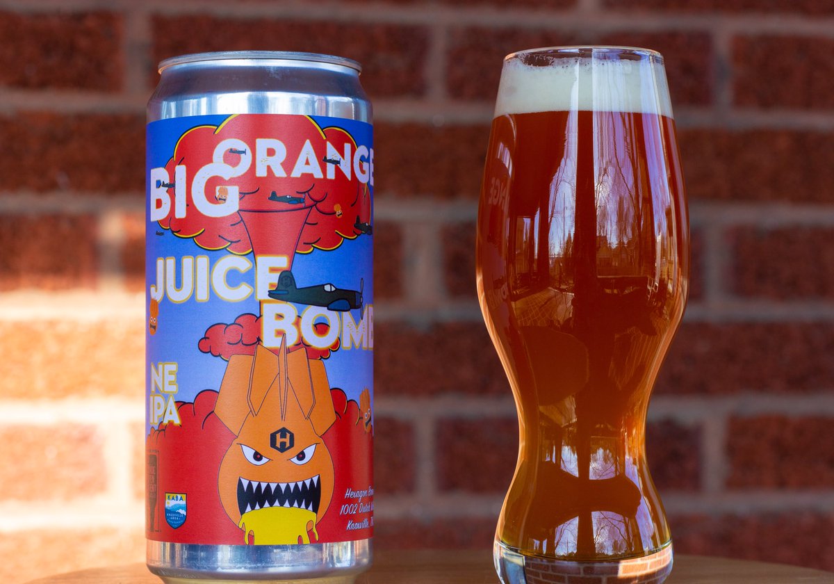 Big Orange Juice Bomb: a New England style hazy IPA packed with Amarillo, Mosaic, Citra, and Azacca hops. On tap this weekend! #ipa #knoxville #knoxrocks #craftbeer