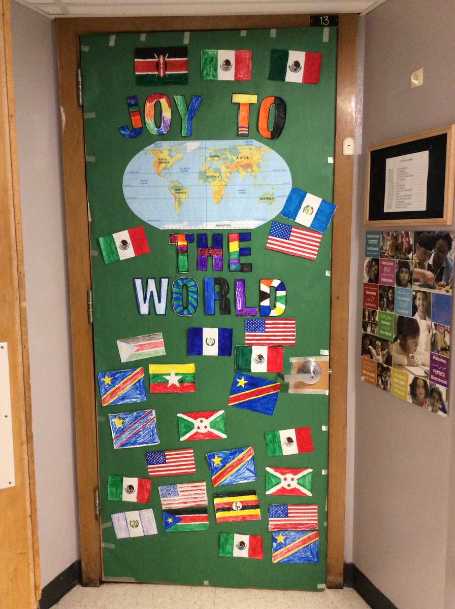 WBE_ELL's tweet photo. EL holiday door decorations at WBE! Students loved coloring their country’s flag to add to the door! https://t.co/LXsMapRJJG