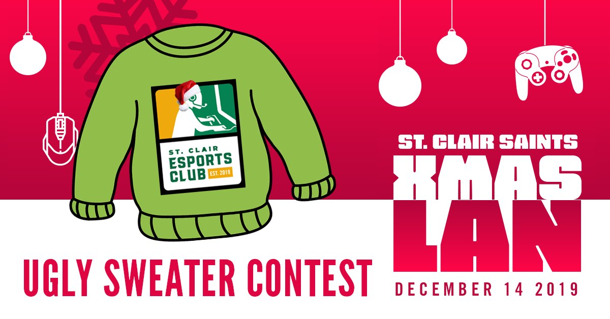 SCEsportsClub's tweet photo. ❄️XMASLAN❄️
📌Dec 14📅
🎄UGLY SWEATER CONTEST🎄

Show up in (or out) of style in your ugliest Christmas sweater, snap a pic at the event, post it on Twitter, tag us and use #XmasLan2019

The photo with the most likes wins a mystery gift card 🎁

Full Rules https://t.co/F66QDGjOTV https://t.co/pSW0AfS3ru