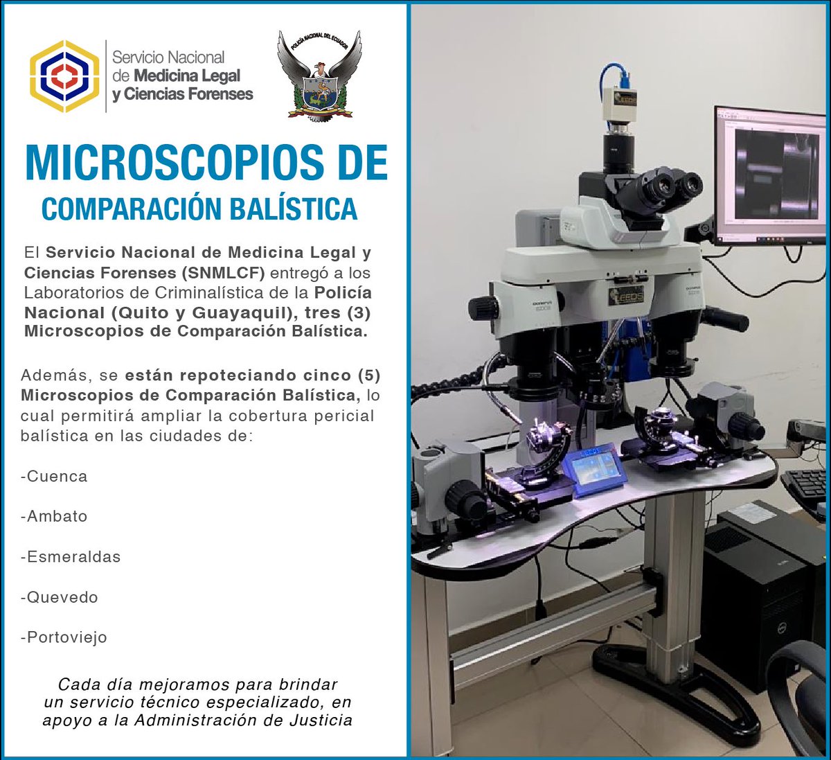 ForensesEC's tweet photo. El #ServicioForenseEc implementó (3) y está repotenciando (5) Microscopios de Comparación Balística a fin de ampliar la cobertura pericial balística a nivel nacional. @PoliciaEcuador https://t.co/tYQQHBtwv0