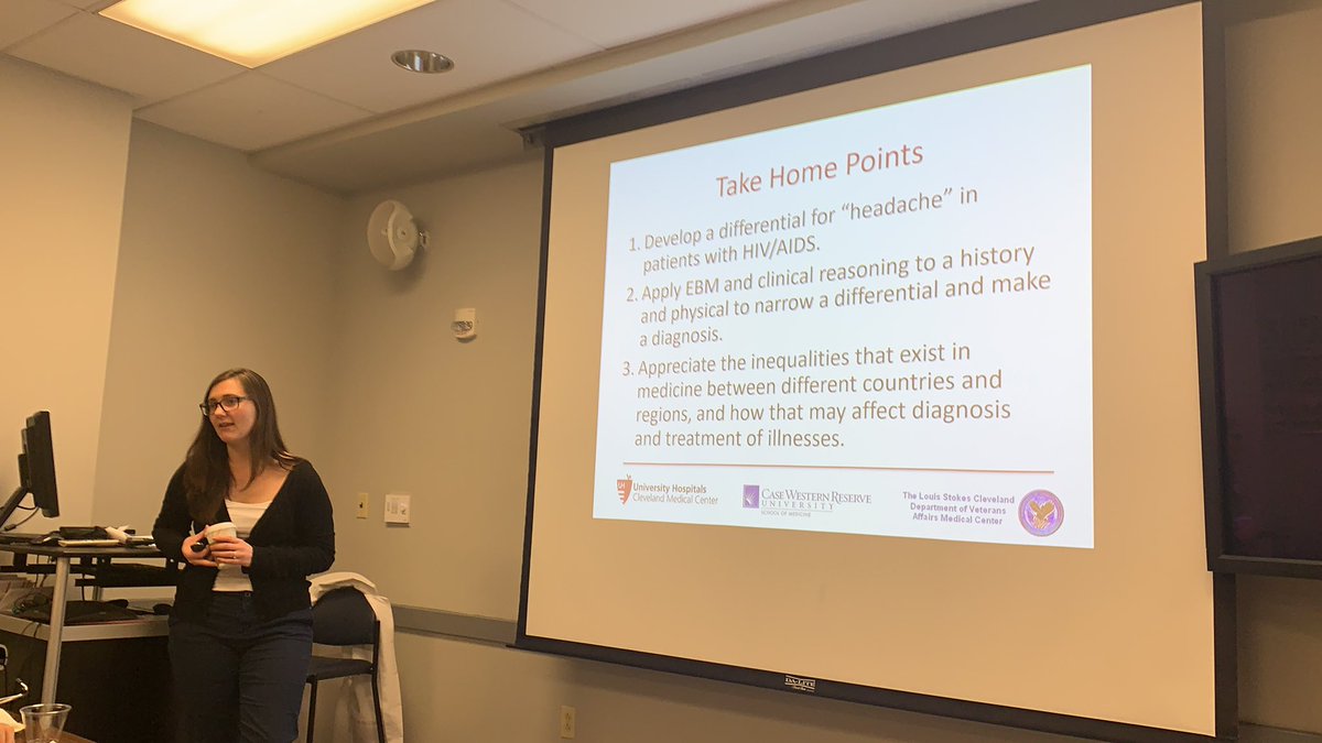 cwruim's tweet photo. Action shot of Chief Resident, Dr. Kristen Welch, delivering an international health themed morning report. She shared the challenges of seeing complex presentations in a resource limited health system #globalhealth #cwruim https://t.co/GGpMcZwoTi