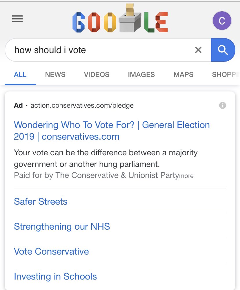carolecadwalla's tweet photo. 40% of people cannot distinguish a Google ad from a search result. This is gross distortion at very moment voters most likely to be swayed. It’s why Dom Cummings’ strategy in EUref was to hold war chest back for last 48 hours. Because last thing voters see has most impact https://t.co/FaZwimBrIy