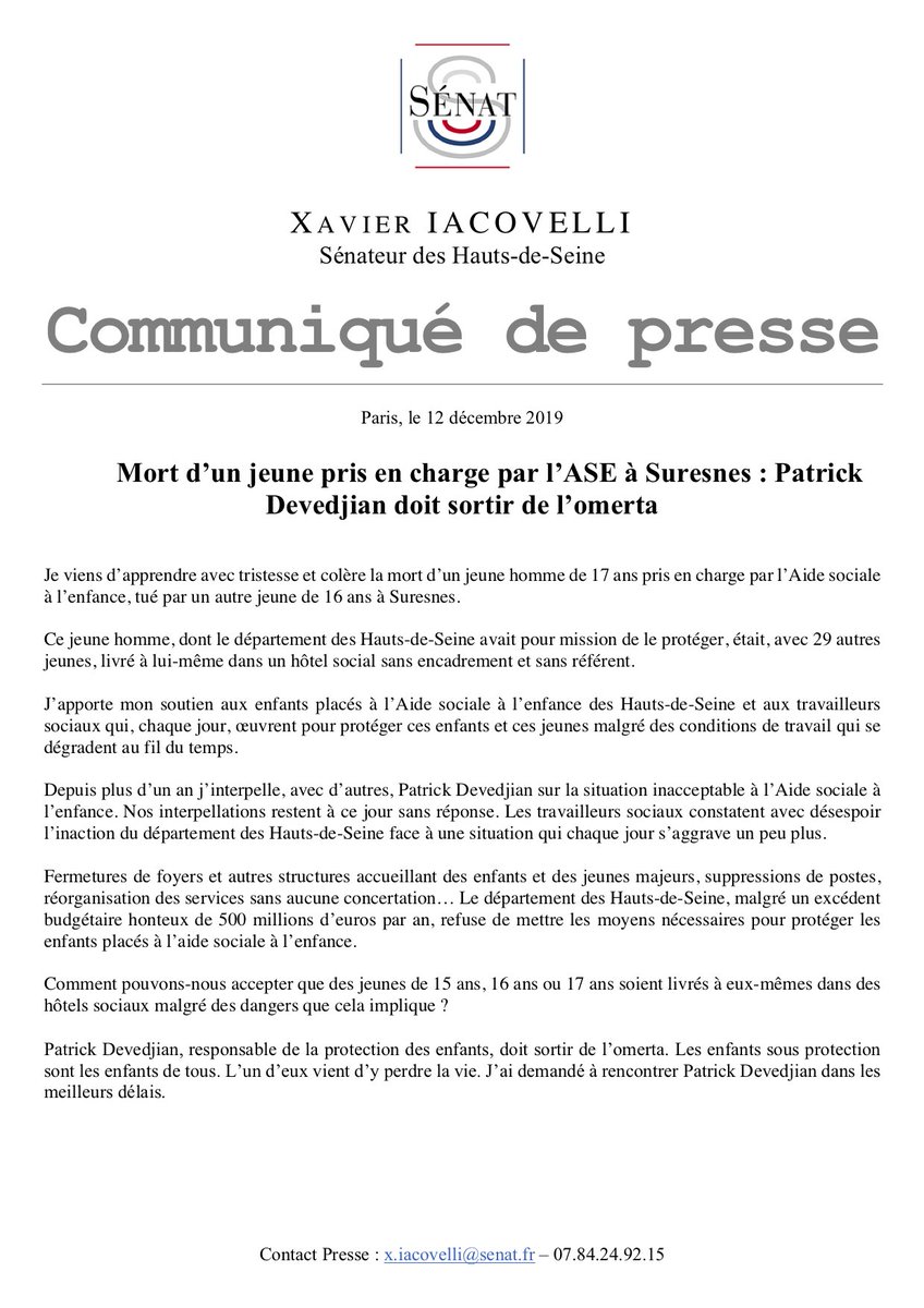 Un jeune homme de 17 ans, pris en charge par l'#ASE <a href="/hautsdeseinefr/">Département des Hauts-de-Seine</a>, est décédé aujourd'hui dans un hôtel social à #Suresnes. Depuis plus d'un an, j'interpelle, avec d'autres, <a href="/DevedjianP/">Patrick Devedjian</a> sur la situation qui chaque jour se dégrade. Aujourd'hui, je suis triste et en colère.