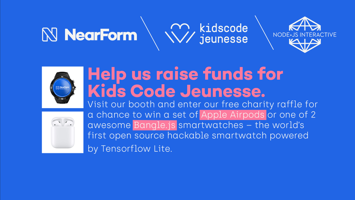 nearform's tweet photo. At #NodeJSInteractive?
Like to know more about Bangle.js and see it in action? Even better - you can win one at our booth!
Drop by today to enter our raffle with each entry giving $2 to @KidsCoding 💜
#opensource #javascript #tensorflow #NodeWatch ⌚️ https://t.co/0et8yfQjAa