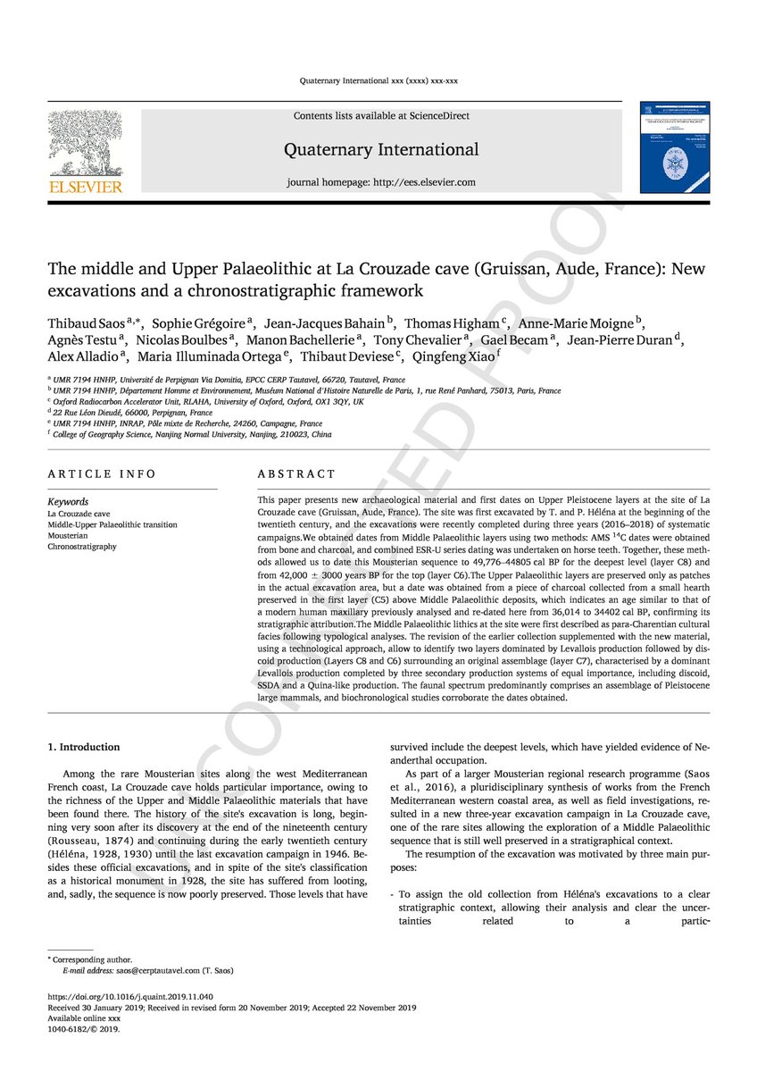Félicitations aux membres de notre équipe qui publient dans la revue Quaternary International un article sur la grotte de La Crouzade, fouillée depuis 2016 par Thibaud Saos !
📝 sciencedirect.com/science/articl…