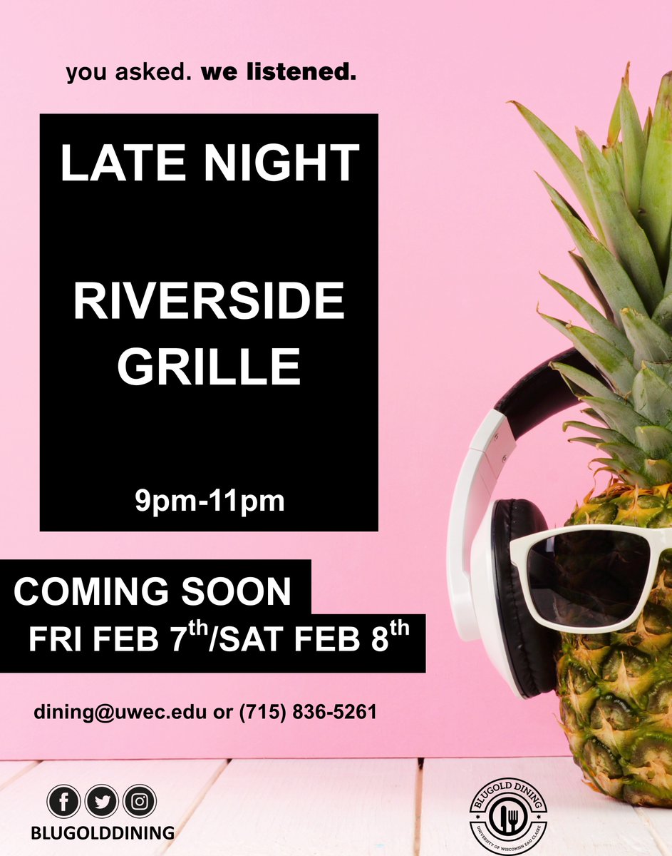 BlugoldDining's tweet photo. You asked. We listened.

Riverview Cafe is opening for late night eats on Fridays and Saturdays starting February 7th and 8th. Specialty burgers, crispy chicken tenders and more will be available for purchase from 9pm-11pm. Stay tuned for menu updates! https://t.co/2Ax2S0XkCq