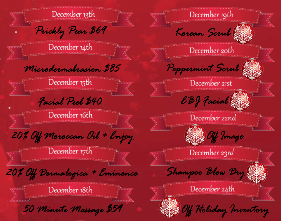 EBJDaySpa's tweet photo. 🎀 12 days of Christmas! Mark your calendars because these specials are only available for 1 day and must be purchased by phone or in person on the day of.  Check back on 12/19 when we reveal next week's special pricing! #EstheticsByJeanette #VisistSacramento #12DaysofChristmas https://t.co/1VpwArxwTC