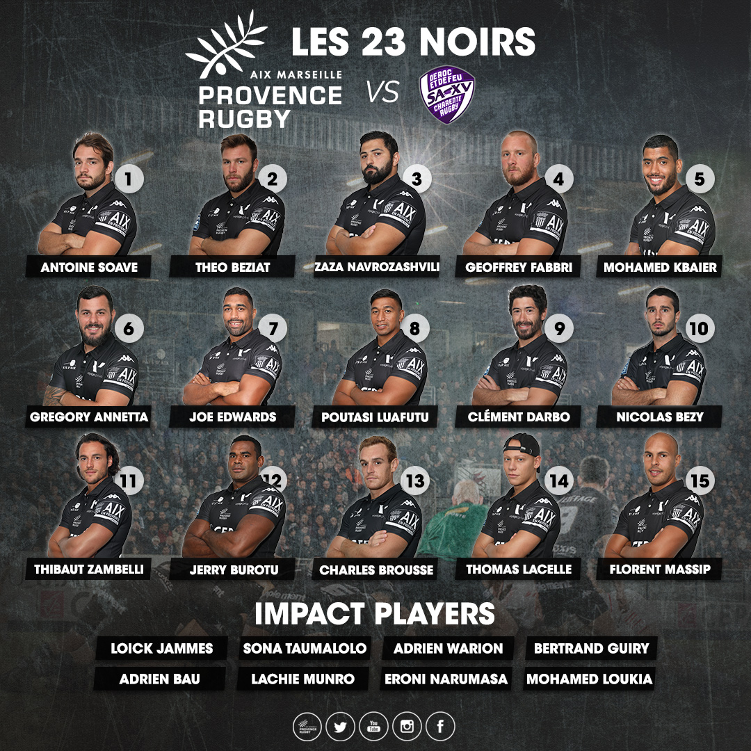 ProvenceRugby's tweet photo. [💥 COMPO 💥] Les 23 Noirs pour le déplacement à @SAXV_Charente demain soir ! ⚫️🏉

🛑 La compo de Soyaux-Angoulême ➡️ https://t.co/Hs6HqpRQ3o

#TeamProvence #Prod2 #SAXVPR https://t.co/wTSa2T7SX7