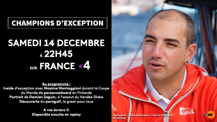 Champions d'Exception sur @France4tv samedi à 22h45 ! Rdv pour un numéro 🔝 avec <a href="/sailingdamien/">Damien Seguin</a> ⛵️@maximemontaggioni 🏂 et du #paragolf 🏌🏽‍♂️! <a href="/FFHandisport/">FFHandisport</a> <a href="/FRAparalympique/">Comité Paralympique et Sportif Français</a> <a href="/ftvsport_pro/">France•tv sport presse</a> <a href="/francetvsport/">francetvsport</a> <a href="/handisportTV/">Handisport TV</a>