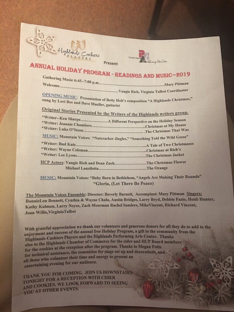 InTheHighlands's tweet photo. Tonight!
I’ll be reading my essay -Christmas at my House at the Performing Arts Center in #HighlandsNC #FreeToThePublic #Christmas #Memories https://t.co/iiUBWQhdCd