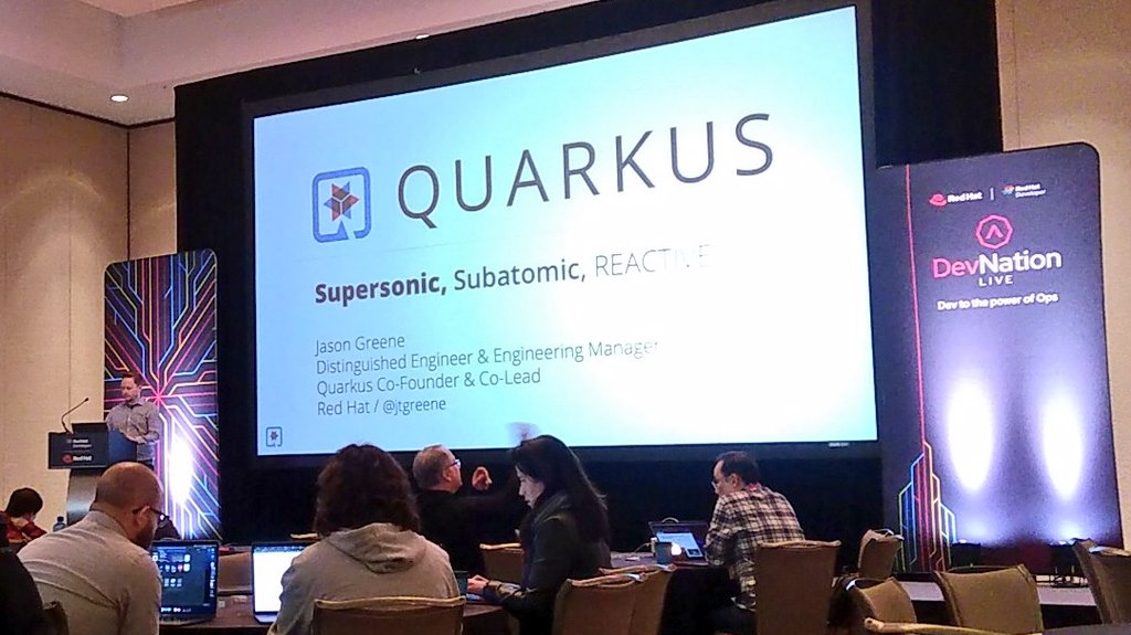 ATxTE's tweet photo. @jtgreene #RedHatDeveloper #DevNationLive on @QuarkusIO — Supersonic, Subatomic, REACTIVE. https://t.co/D5w360IeCl