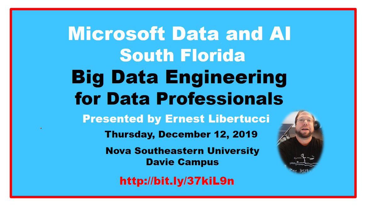 MSBISF's tweet photo. Hello #Miami #FortLauderdale #Miami

The Microsoft Data and AI South Florida hosts Today!!!

Big Data Engineering for Data Professionals 
by Ernest Libertucci @elibertucci

RSVP and Bring a Friend
https://t.co/avyiktlGD5

 #Cloudera #Hadoop #Dockers #Azure #Spark #Data #ML #AI https://t.co/iuJo9VGihh