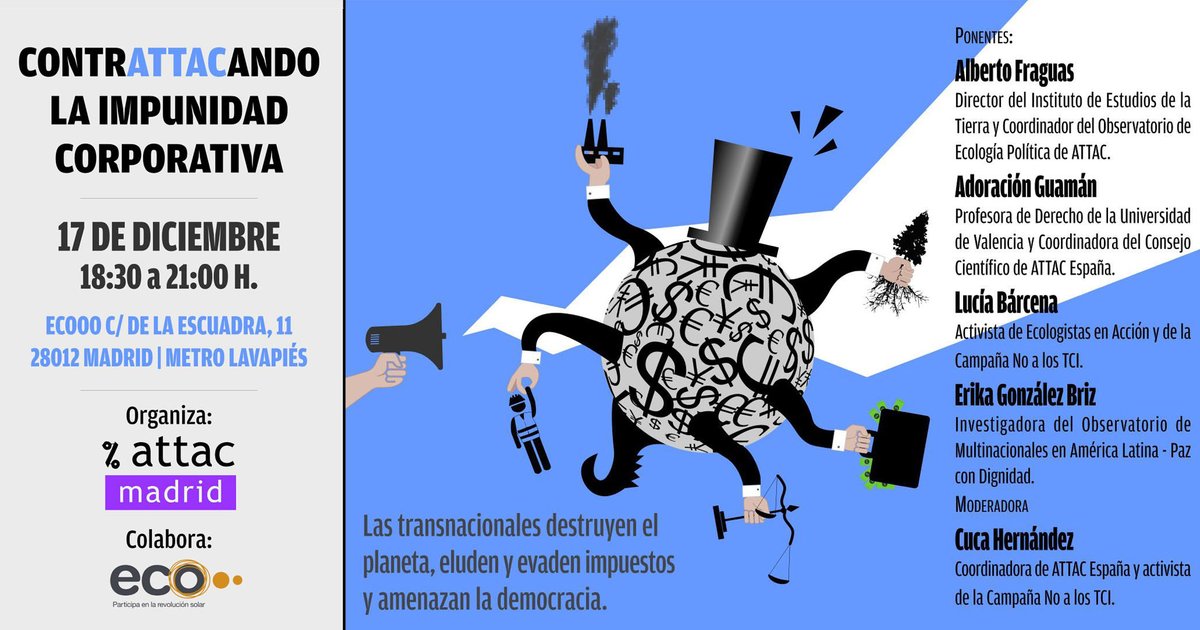 attacespana's tweet photo. Amazon comercia con las vidas de trabajadores precarizados y elude impuestos es un ejemplo de #ImpunidadCorporativa
Nos vemos 17Dic 18:30 en @Ecooo_
Para debatir y presentar alternativas
@Luciabarce @AdoracionGuaman @albertofraguash Erika de @OMAL_info @cucahernandez https://t.co/NOin8liOKj
