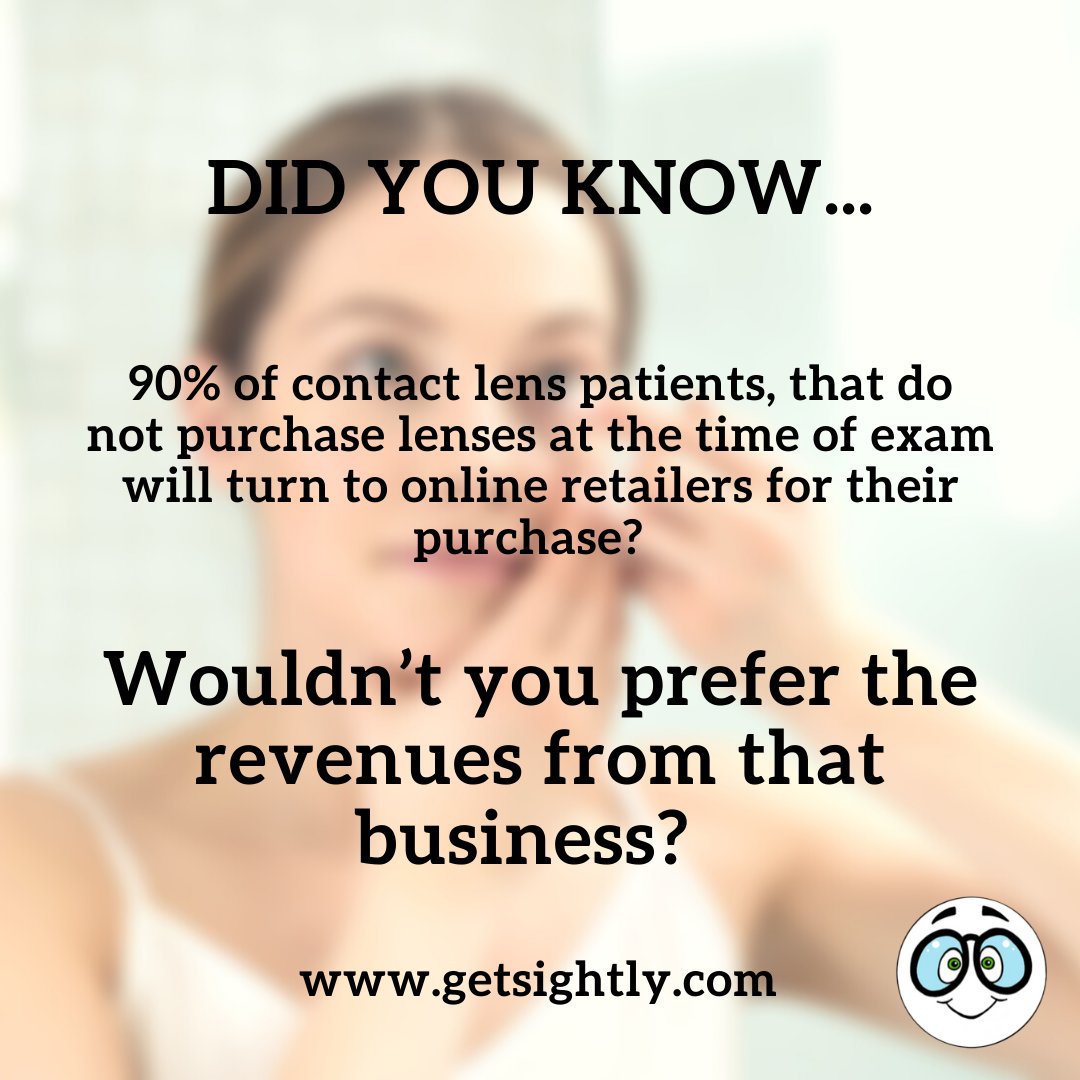 GetSightly's tweet photo. That’s right!  90% of contact lens patients will turn to online retailers if the lens purchase is not complete in your office at time of exam!  90%!  Take those revenues back!!  Practices across Canada are turning to SIGHTLY to do just that!  #getsightly #optometry #mobileapp https://t.co/Te8cMDJoMV
