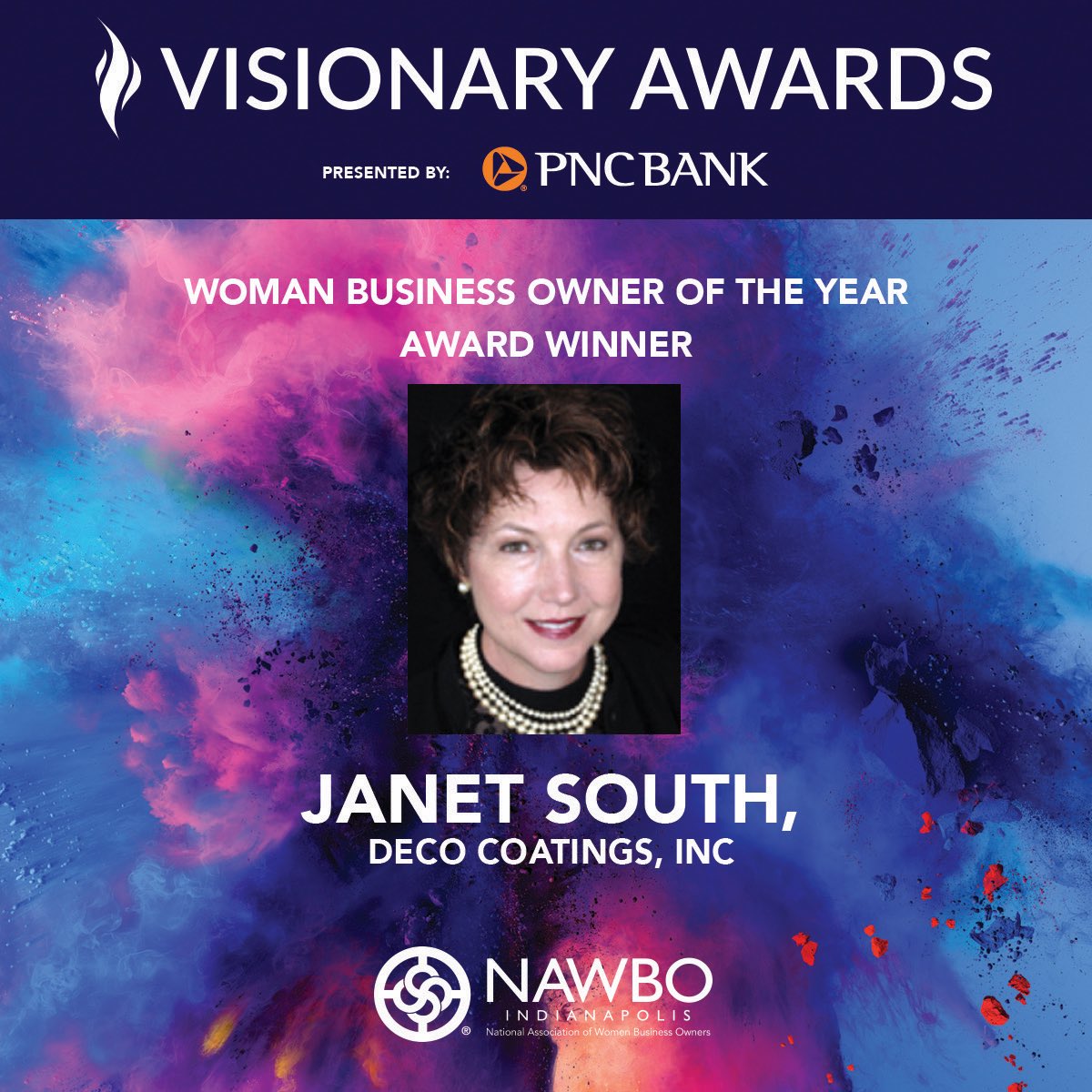 nawboindy's tweet photo. Congratulations to Janet South of DECO Coatings for being named Business Owner of the Year. #val2019 #nawboindy https://t.co/9Uuw6uC8Ld