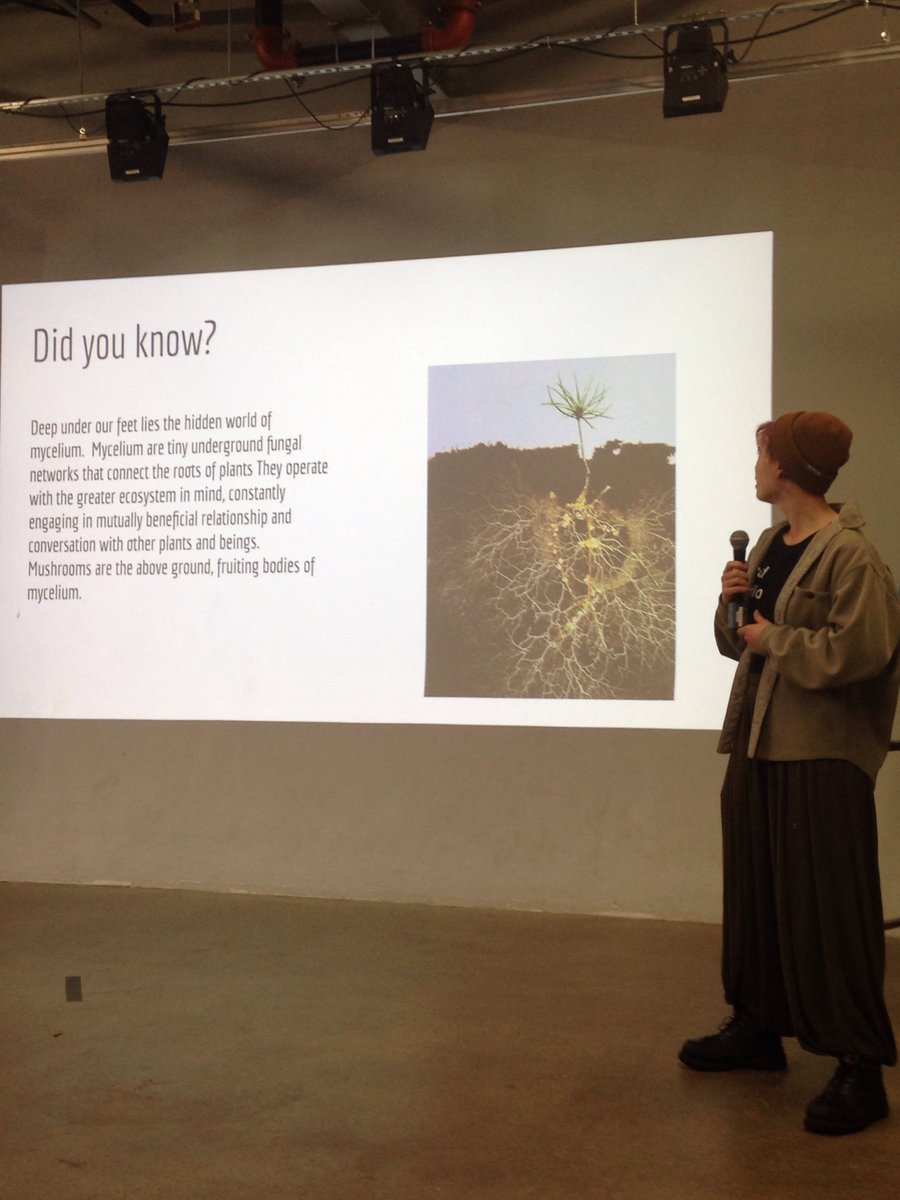 How do mushrooms and mycelium embody mutually beneficial relationships? ES student Amarah is sharing with us now at HECUA's Community Gathering.