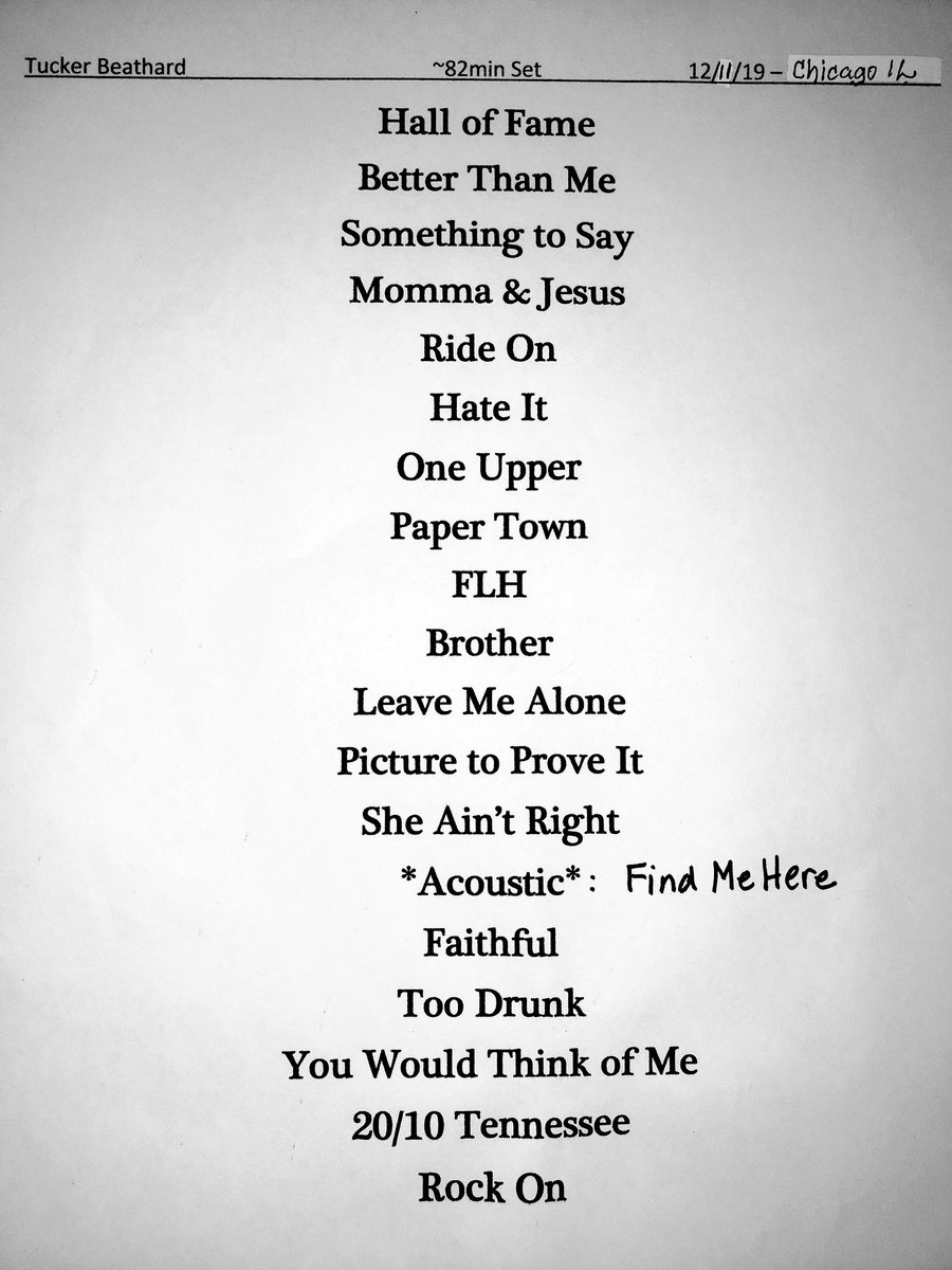 LynneLaPenta's tweet photo. π Set List π @TuckerBeathard Wed Dec 11, 2019 @BubCityChi Chicago IL - Tuuuuuckeeeer! #MotherTuckers #ChicagoCountryMusicFans #ChicagoVisitors https://t.co/mFMKaTthVa