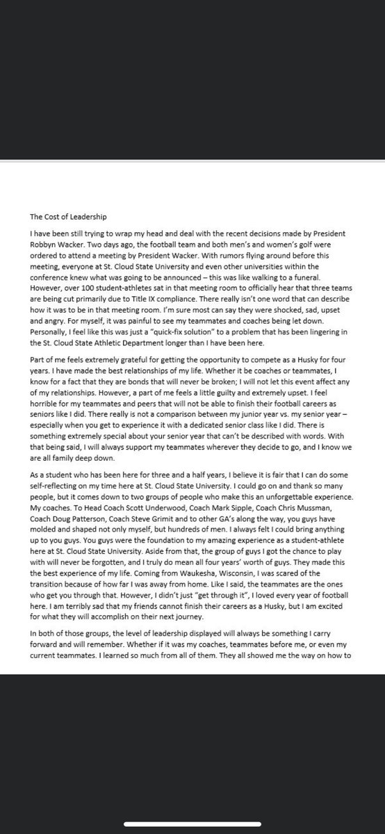 Matt_Lechner's tweet photo. All I ask @DrRobbynWacker and @SCSUHUSKIES_AD is to think about the future of this university and reflect on yourselves. This is my opinion. https://t.co/Z8dHeKiMSE