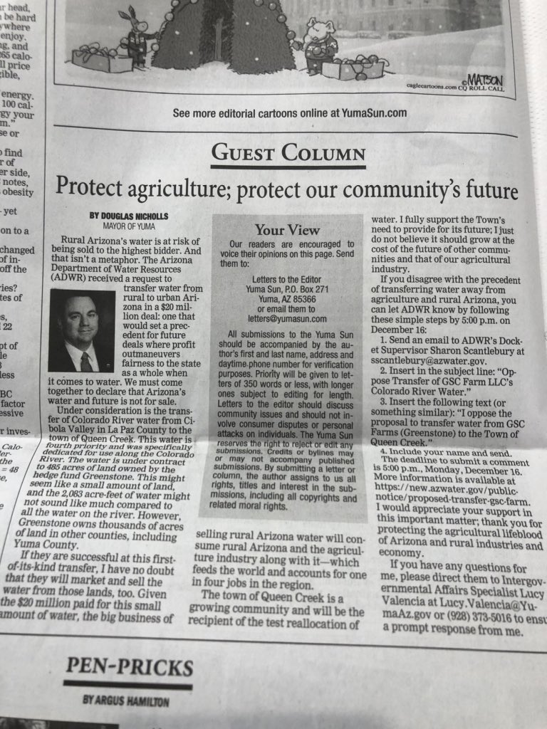 MayorNicholls's tweet photo. I ask for your support in opposing a proposed water transfer that would set a precedent harmful to rural communities like Yuma, where ag 🥬💧 is key to the economy. All communities have the right to plan for the future, but not at the expense of other communities. Details below: https://t.co/Dz5bHOBb4l
