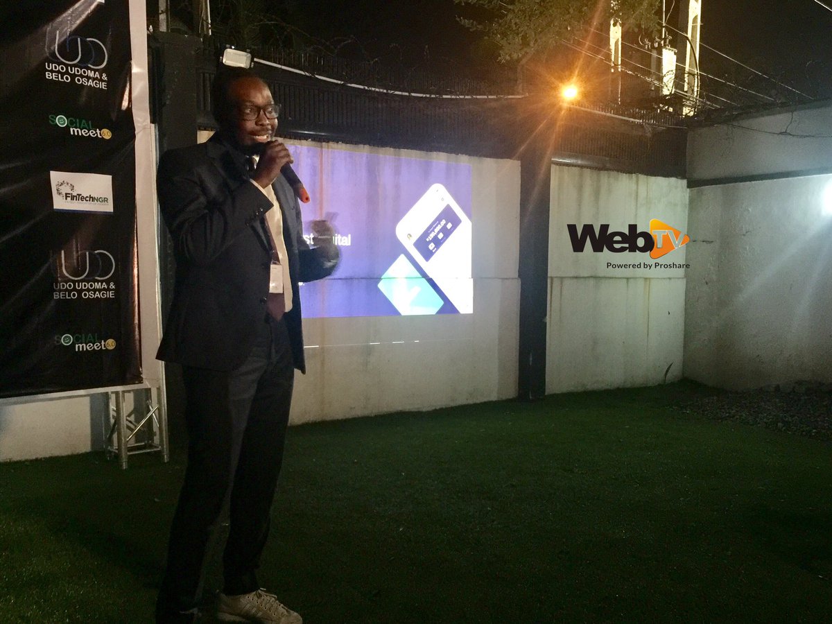 webtvnigeria's tweet photo. The Founder and CEO of @kudabank Nigeria’s first licensed mobile bank Mr Babs Ogundeyi presenting a demo on its services  #FintechSocialMeet6 @proshare @fintechngr https://t.co/Zlk1A17S2e