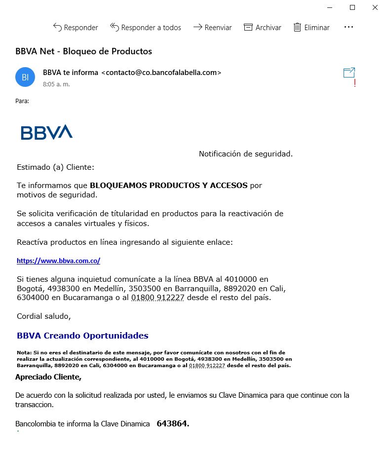 ncoba's tweet photo. Señores @BcoFalabellaCo, me llegó un correo FRAUDULENTO de ustedes con información de @BBVA_Colombia y con una clave dinámica de @Bancolombia con link a https://t.co/6rYh6hOCJr Cuidado @CaiVirtual https://t.co/lNAUPZIBP1