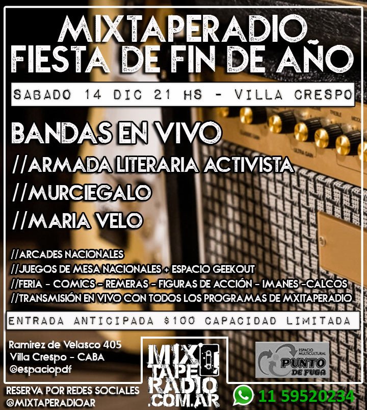 Es este sábado!  Último show del año, vale cada minuto ! 
#FiestadefindeAño #ArmadaLiterariaActivista 
#Rock #MixTapeRadio