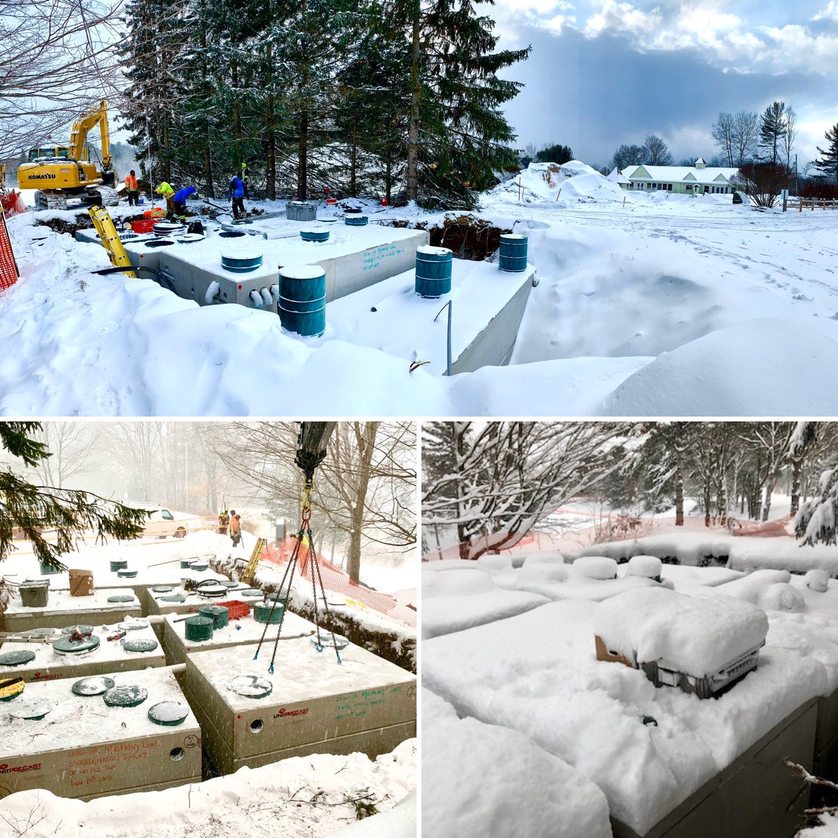 Winter is here in Muskoka, Ontario! ❄️ An installation of an #MBBR #wastewatertreatment system for a golf course brought a lot of snow for our team overnight! #onsiteproud #precastproud #wsbclean