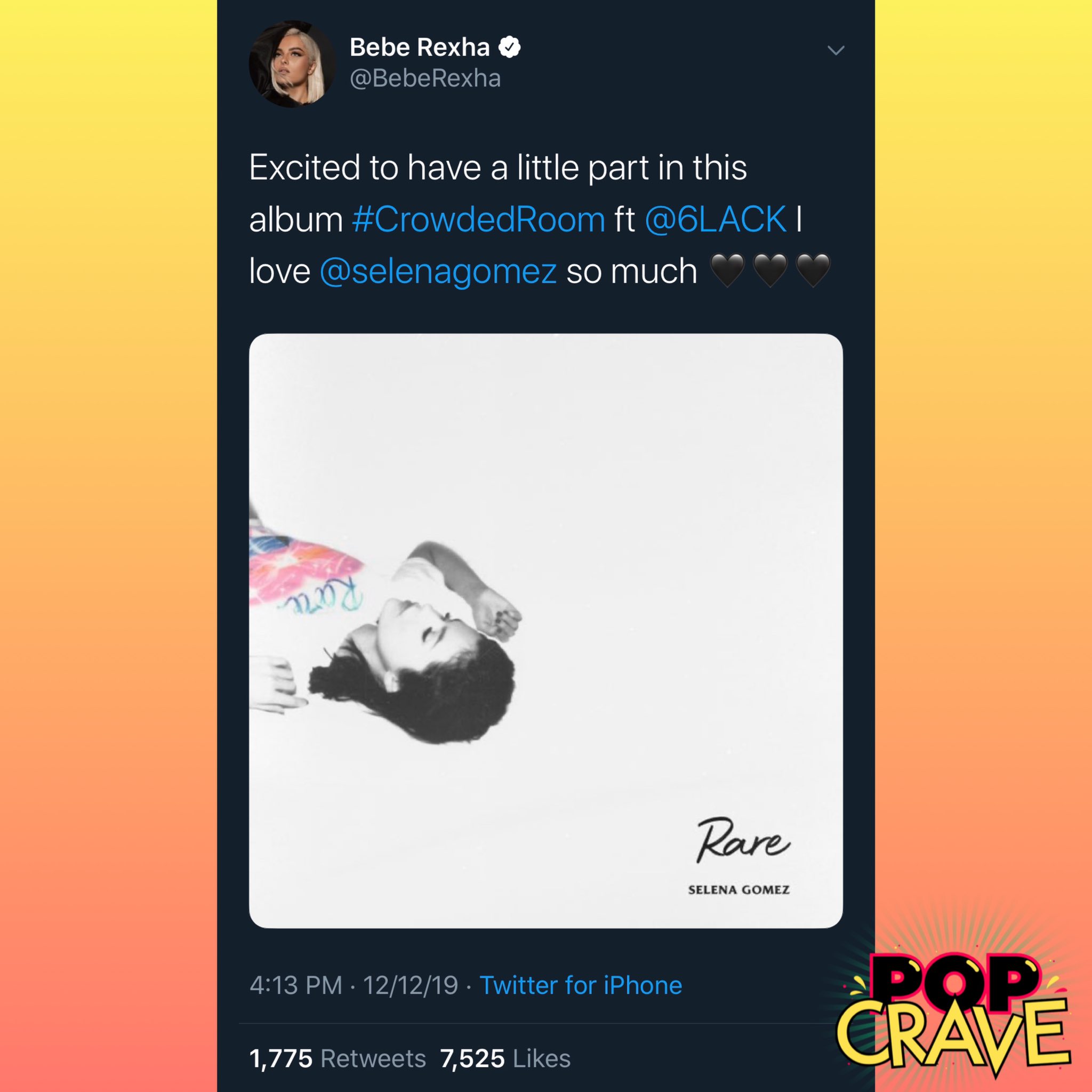 Pop Crave Beberexha Reveals She Took Part On Crowdedroom Featuring 6lack From Selenagomez S Upcoming Album Rare