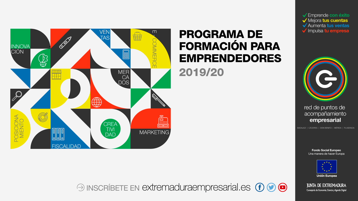 empresa_EXT's tweet photo. Aprovecha los últlimos días del año para formarte y aprender nuevas claves que impulsen tu proyecto y negocio.
INSCRIPCIONES ABIERTAS. Formación de la #RedPAE, Plasencia, Cáceres, Mérida, Don Benito y Badajoz. Elige una temática, dos, las que necesites.
https://t.co/XHJowuOwWZ https://t.co/V0RiDuw0NN