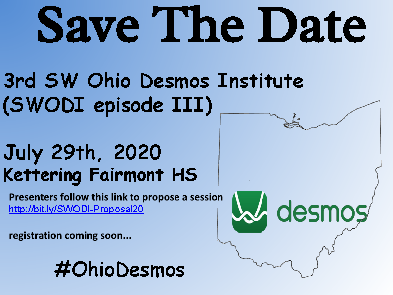 We're happy to announce the Southwest Ohio <a href="/desmos/">Desmos</a> Institute is returning this summer!  July 29 at Kettering Fairmont HS  Interested in presenting?  Please fill out the form at bit.ly/SWODI-Proposal… #mtbos <a href="/swoctm1/">Southwest OCTM</a> <a href="/batty314/">Bob Batty</a>
<a href="/scottmitter/">Scott Mitter</a>
