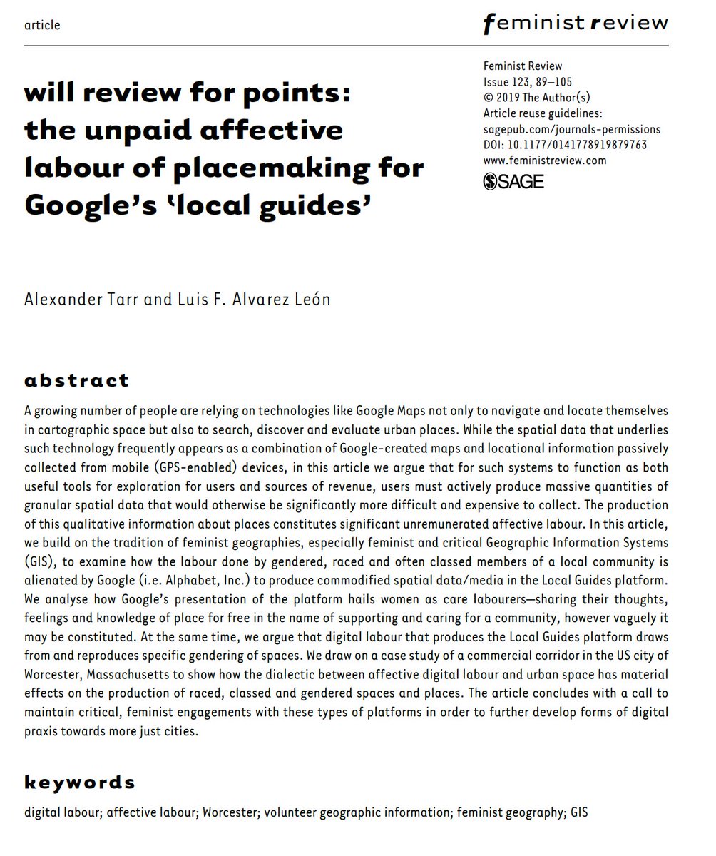 Happy to share this article where <a href="/avatarr8/">Alex Tarr @avatarr8.bsky.social</a> &amp; I explore the gendered and political economic dynamics of Google Local Guides through one street in Worcester, MA. Check out the entire special issue of Feminist Review on gender and digital labor. Share link: journals.sagepub.com/doi/epub/10.11…
