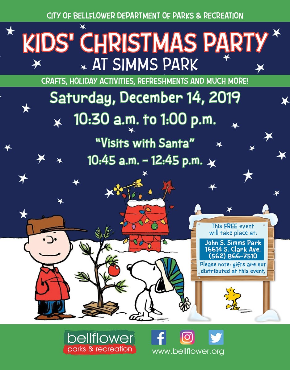 CityBellflower's tweet photo. Our Kids’ Christmas Party is in just 2 more days! Make sure you bring your friends and family for some FREE holiday fun. The event will take place this Saturday, 12/14, at John S. Simms Park and begins at 10:30 a.m. sharp. See you soon! #BellflowerKCP #BellflowerRocks https://t.co/Ye9db7CKbt